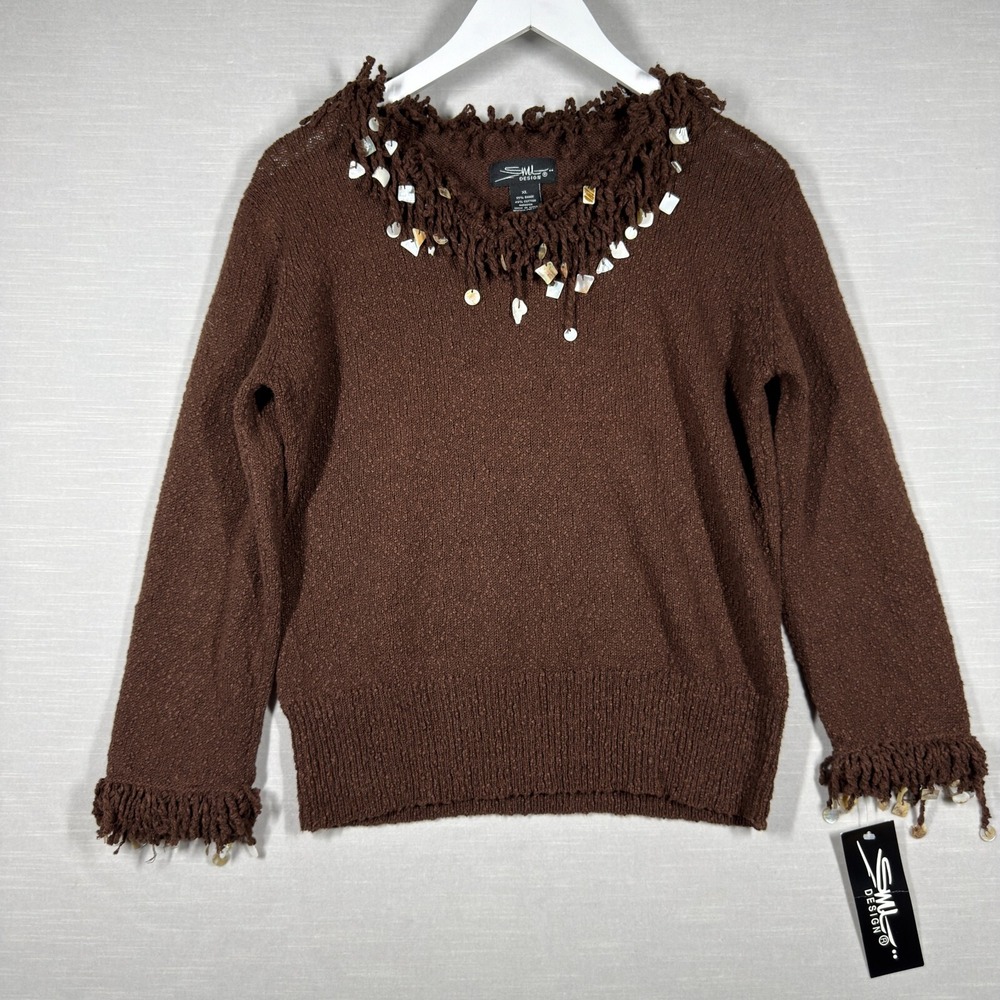 SML Design Long Sleeve Top Women XL Brown Knit Fringe Shell Boho Beach Artsy 90s